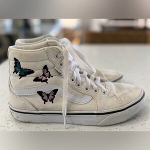 Vans High-Top Canvas Sneakers with Butterfly Embroidery in Cream, Blue, Pink